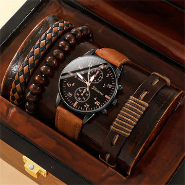 Casual 3-Eye Business Fashion Quartz Watch & Woven Bracelet Set – 4 Pieces