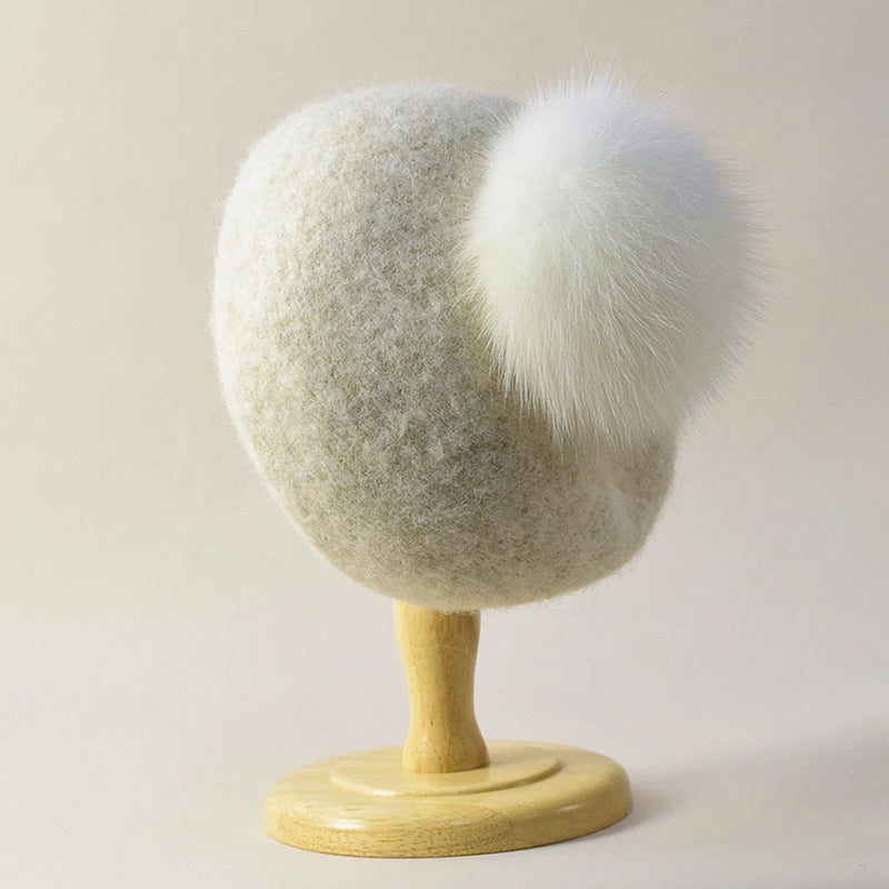 Rosie Wool-Blend Relaxed Fit Beret | Pompom Detail Felted Beret