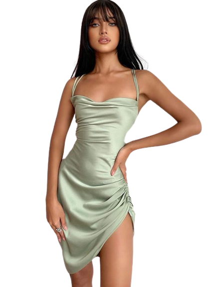 Women's Satin Slip Dress - Cowl Neck - Ruched Side - Asymmetrical Hem - Spaghetti Straps