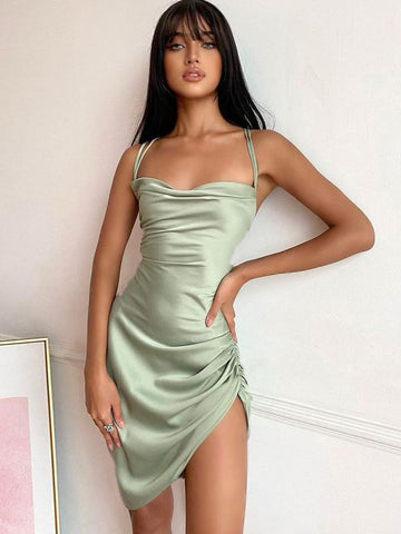 Women's Satin Slip Dress - Cowl Neck - Ruched Side - Asymmetrical Hem - Spaghetti Straps