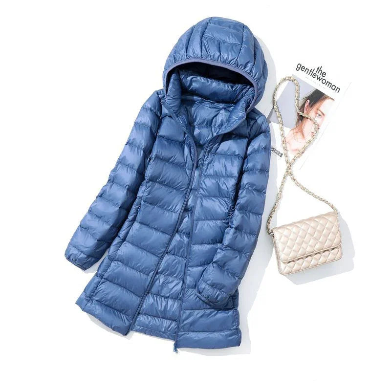 Women's packable puffer coat with removable hood