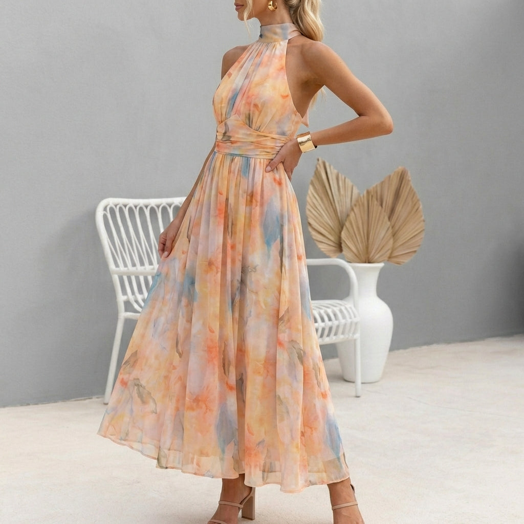 Sandra Halter Neck Chiffon Maxi Dress with Ruched Waist and Pleated Skirt