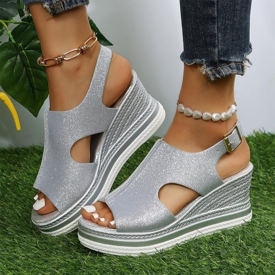 Women's Wedge Sandals - Glitter Finish - Adjustable Ankle Strap - Cutout Design