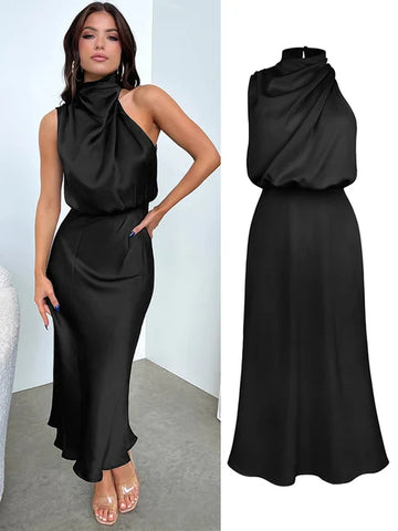 Women's Maxi Dress - Satin Finish - Halter Neck Draped Design - Sleeveless Elegant Fit