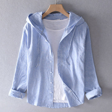 Women's striped button-up hooded shirt