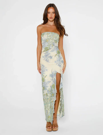 Women’s Maxi Dress – Strapless Fit – Bold Floral Print – High Slit – Lightweight Fabric