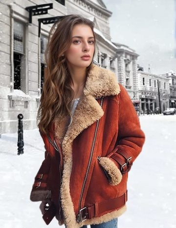 Women's shearling aviator jacket with buckles and cozy lining