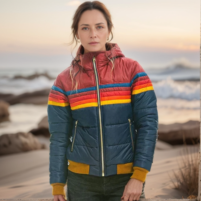 Women's retro color block puffer jacket