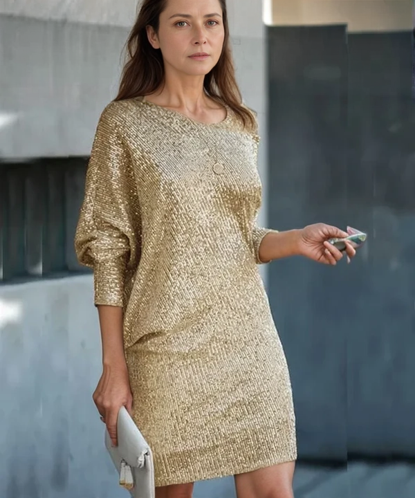 Women's Sequin Dress - Knee-Length - Long Sleeve - Round Neck - Elegant Party Wear