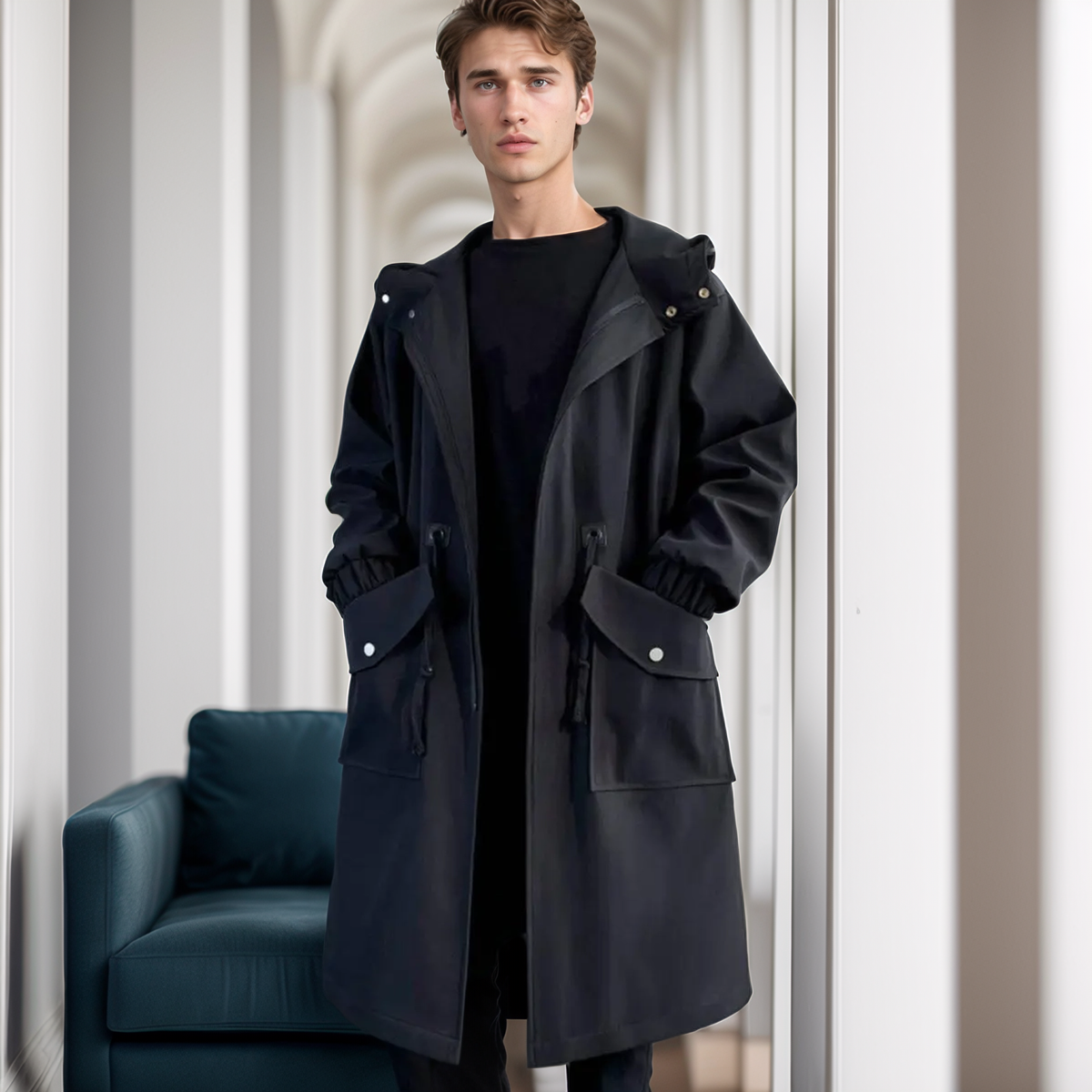 Men's Casual Hooded Trench Coat with Drawstring Waist and Side Pockets