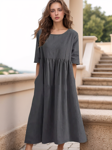 Women's Maxi Dress - Loose Fit - Mid Sleeve - Round Neck - Flowy with Pockets