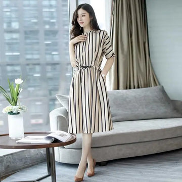 Women's Striped Loose Midi Dress Short Sleeve Casual Summer Outfit