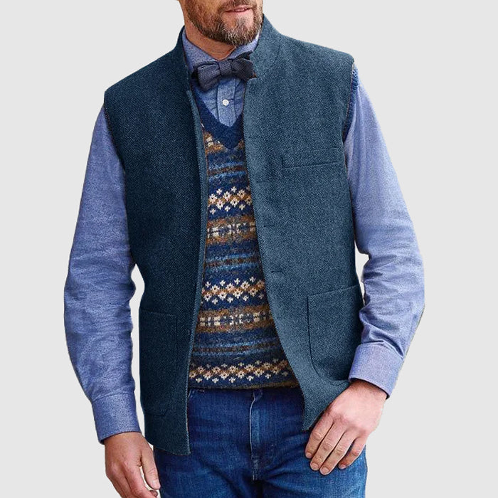 Men’s Vest – Wool Blend – Structured Fit – Stand Collar – Functional Pockets