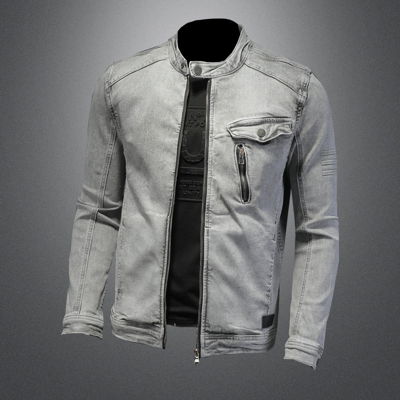 Men’s retro denim jacket with stand collar