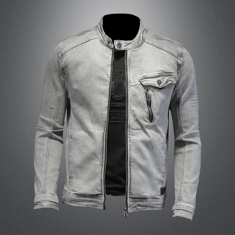 Men’s retro denim jacket with stand collar