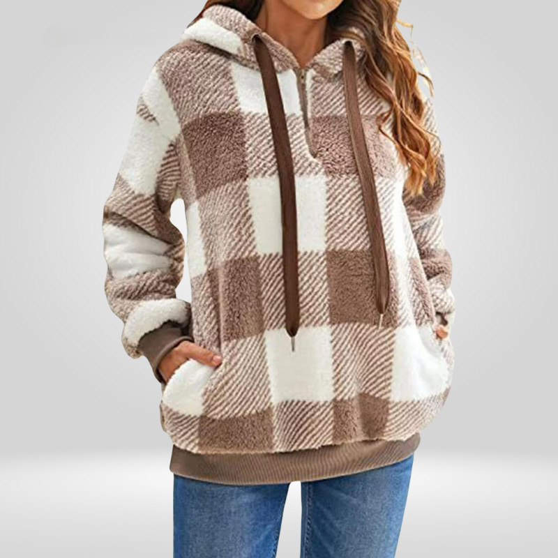 Women’s Hooded Sweater – Soft Knit – Relaxed Fit – Half Zip – Plaid – Kangaroo Pocket