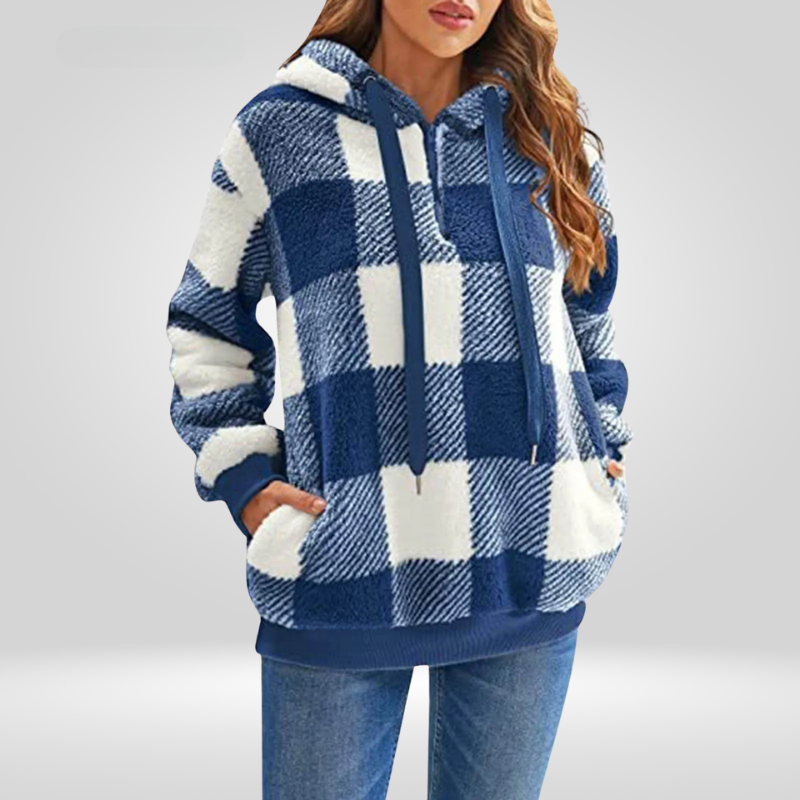 Women’s Hooded Sweater – Soft Knit – Relaxed Fit – Half Zip – Plaid – Kangaroo Pocket