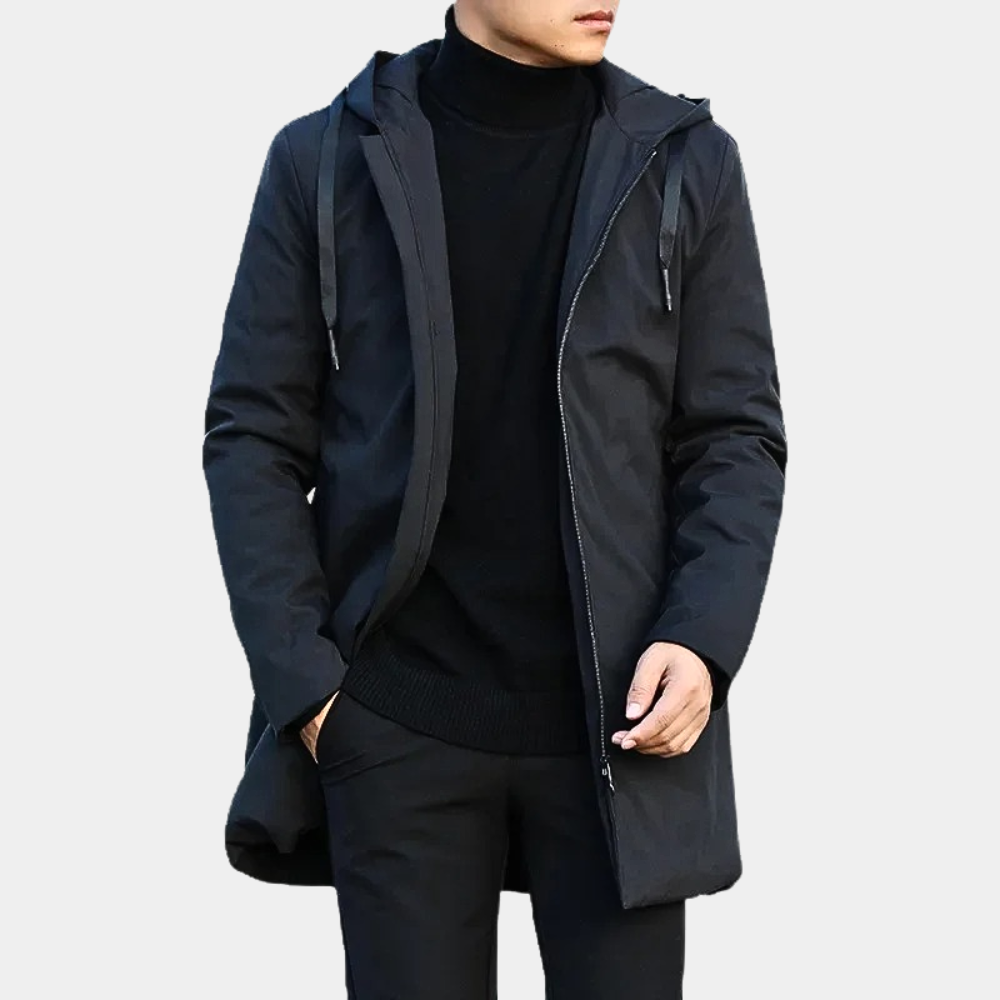 Men’s Long Coat – Relaxed Fit – Hooded – Full Length – Wind Resistant – Zipper Closure