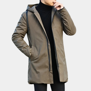 Men’s Long Coat – Relaxed Fit – Hooded – Full Length – Wind Resistant – Zipper Closure