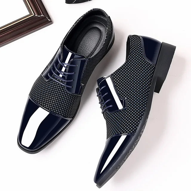 Men’s Oxford Dress Shoes - Patent Look - Lace-Up - Geometric Pattern - Formal Wear