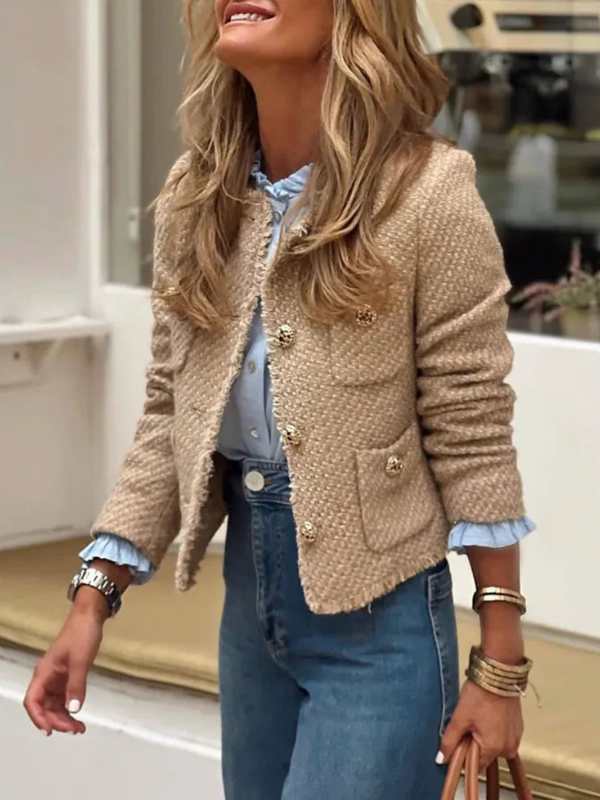 Fresh and sweet women’s short jacket with gold button design