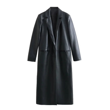 Minimalist black leather coat for women