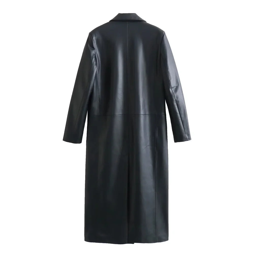 Minimalist black leather coat for women