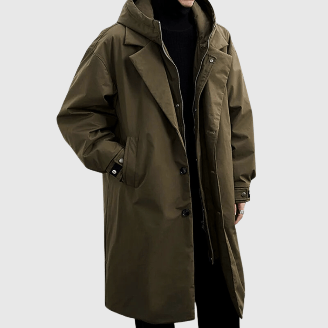 Men’s Oversized Coat – Weather-Resistant – Hooded – Knee Length – Adjustable Cuffs