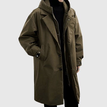 Men’s Oversized Coat – Weather-Resistant – Hooded – Knee Length – Adjustable Cuffs