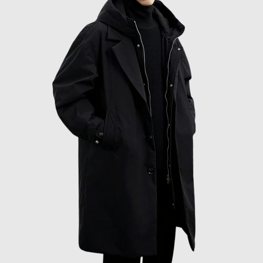 Men’s Oversized Coat – Weather-Resistant – Hooded – Knee Length – Adjustable Cuffs