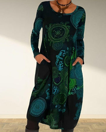 Women's Long-Sleeve Midi Dress - Relaxed Fit - Abstract Print - Casual with Pockets