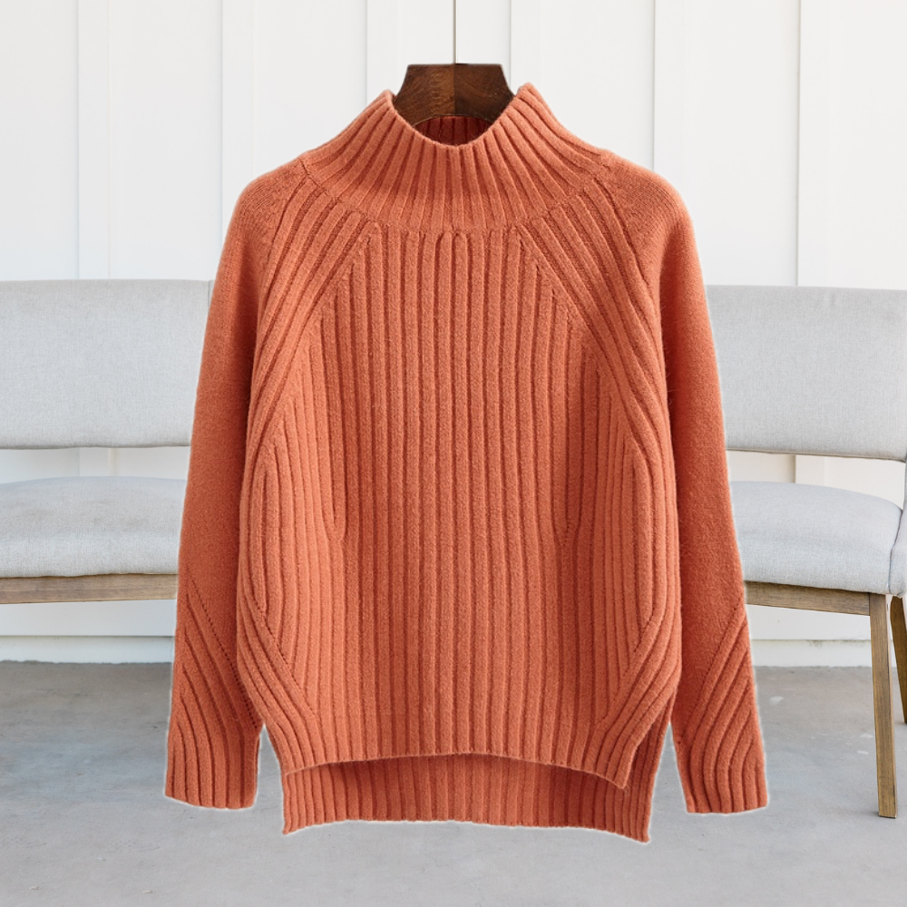 Stylish women's pullover sweater with half turtleneck collar