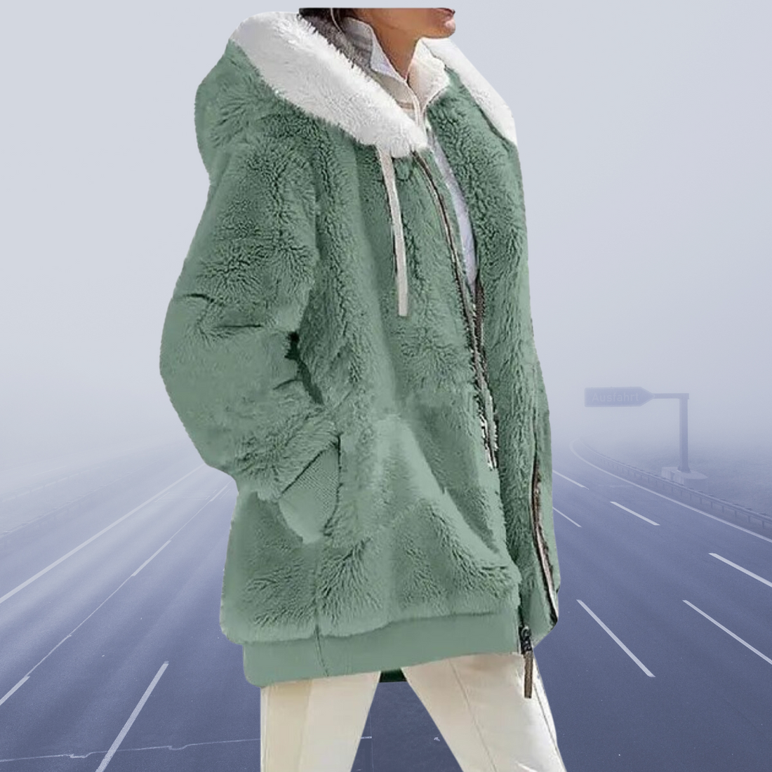 Women's zip-up jacket with fluffy collar and hood