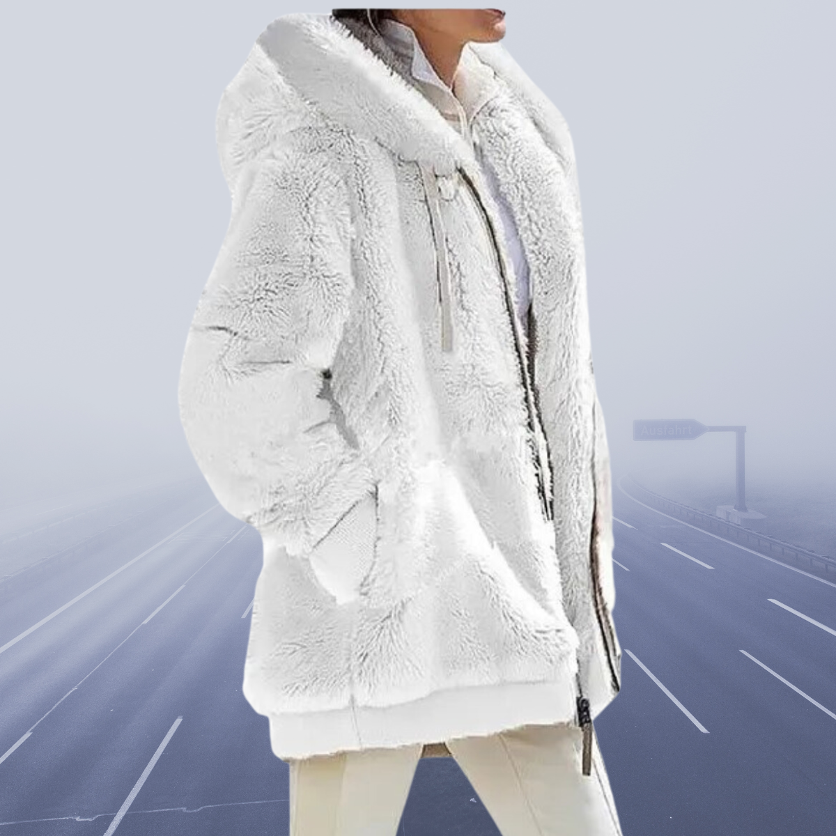 Women's zip-up jacket with fluffy collar and hood