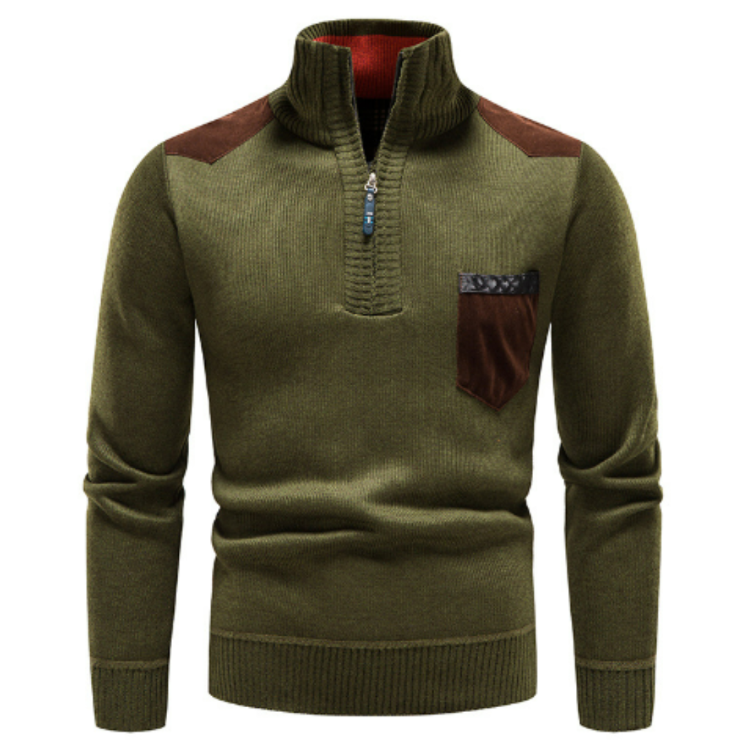 Men's half-zip sweater with shoulder patches