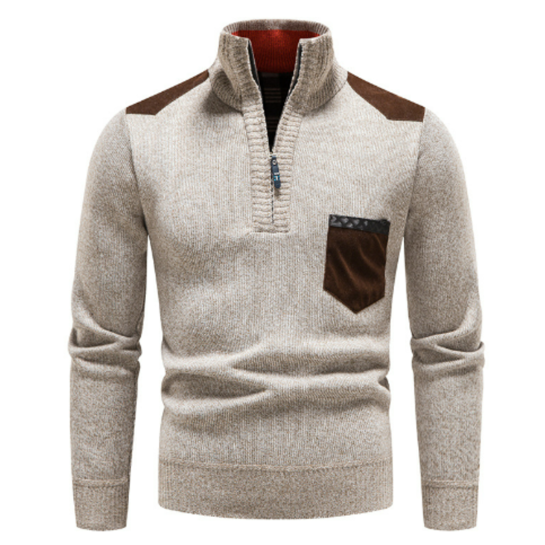 Men's half-zip sweater with shoulder patches