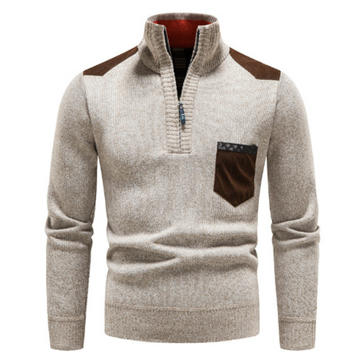 Men's half-zip sweater with shoulder patches