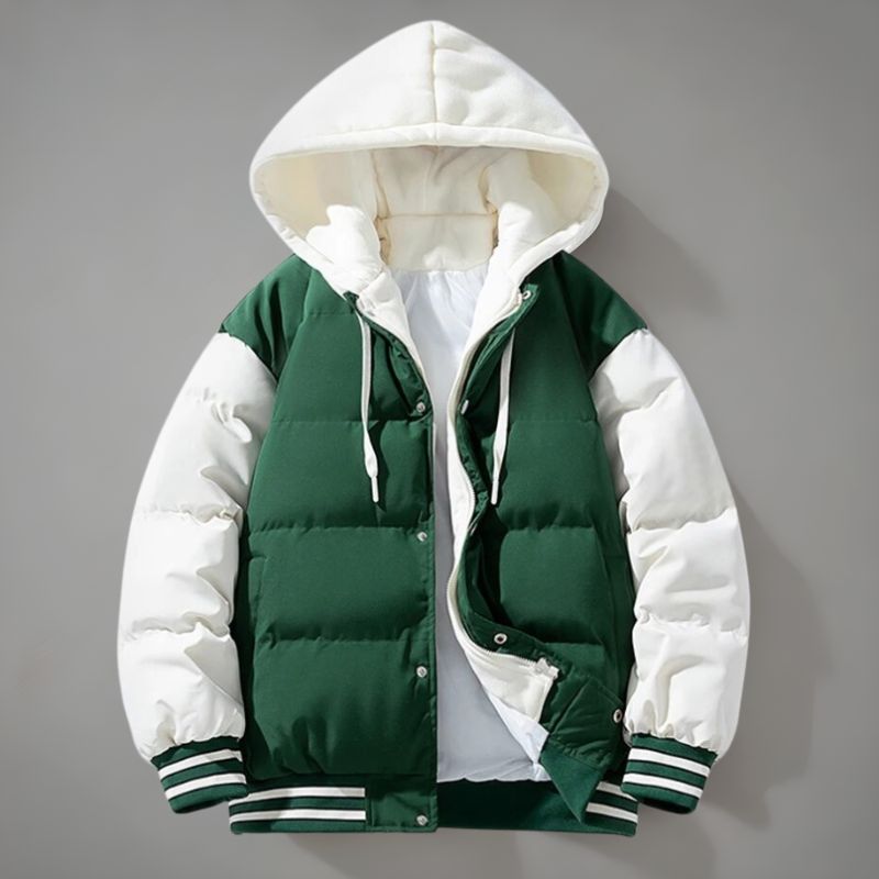 Men's varsity puffer jacket with hood