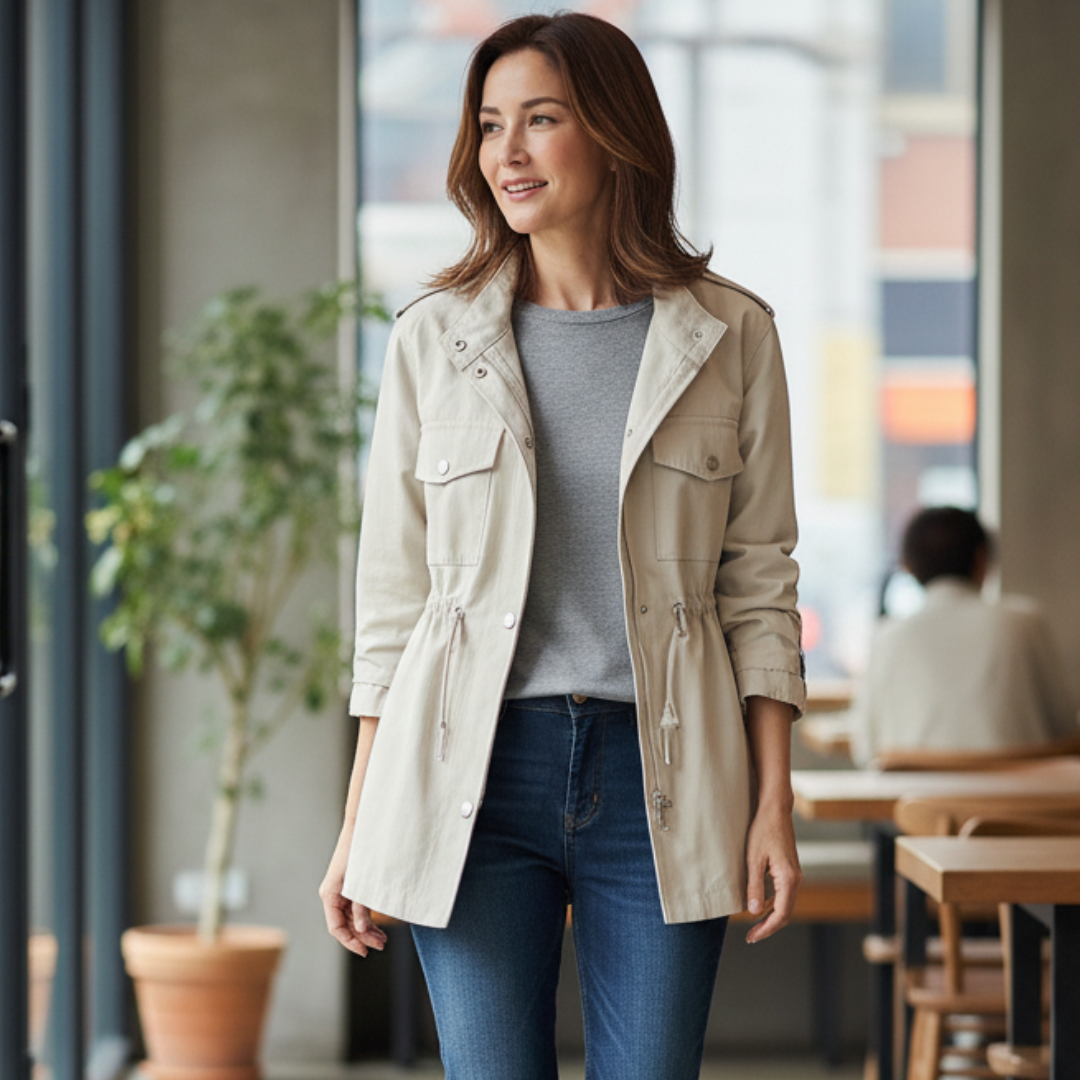 Women's Utility Jacket - Fitted Waist - Multiple Pockets - Zip Front with Button Closure