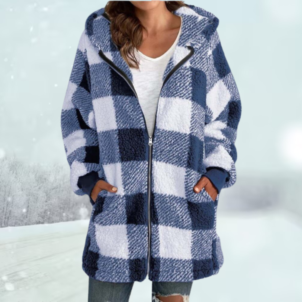 Women's plaid sherpa zip-up jacket for cozy days