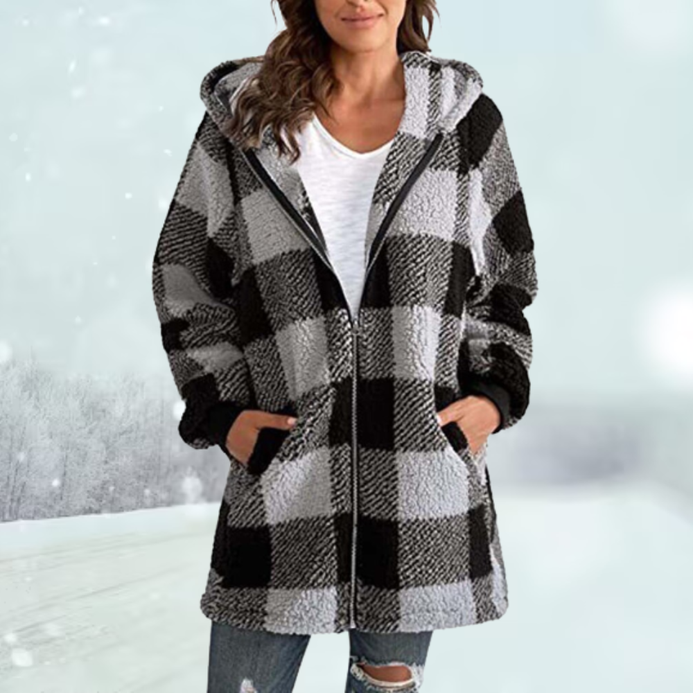 Women's plaid sherpa zip-up jacket for cozy days