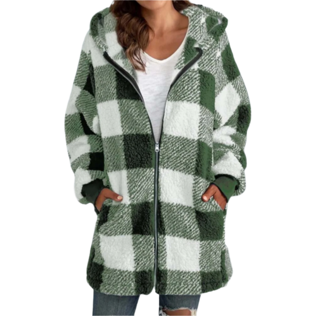 Women’s long-sleeved plaid hooded zipper coat