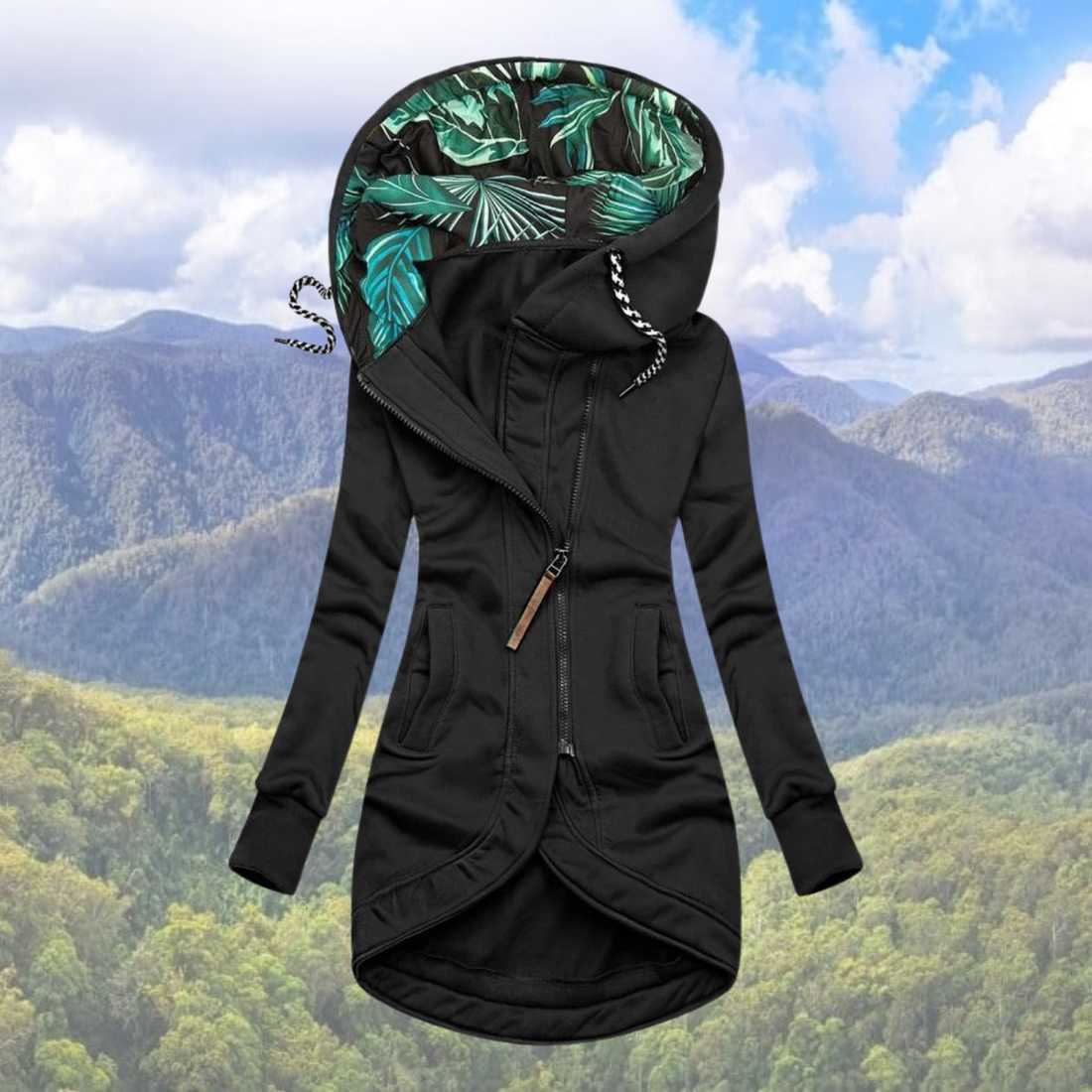 Women's long hooded zipper jacket for outdoor adventures