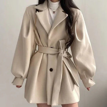 Women's Belted Wrap Coat - Oversized Fit - Wide Lapel - Structured Shoulders