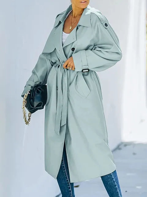 Women's Trench Coat - Double-Breasted - Belted Waist - Classic Long Fit