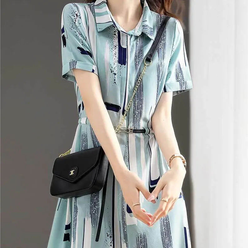 Women's Shirt Dress - Button-Up Collar - Short Sleeve - Belted Waist - Abstract Print