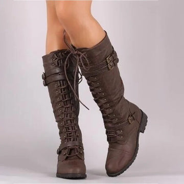 Women’s Knee-High Boots – Lace-Up Design – Buckle Accents – Structured Leather Look