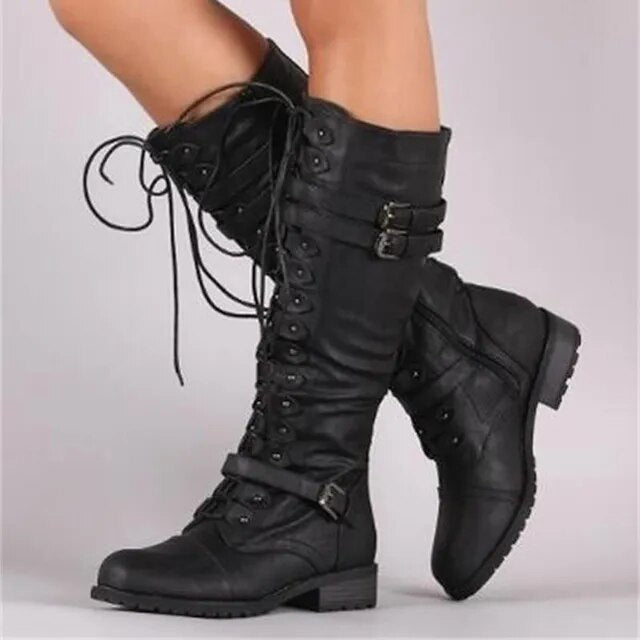 Women’s Knee-High Boots – Lace-Up Design – Buckle Accents – Structured Leather Look