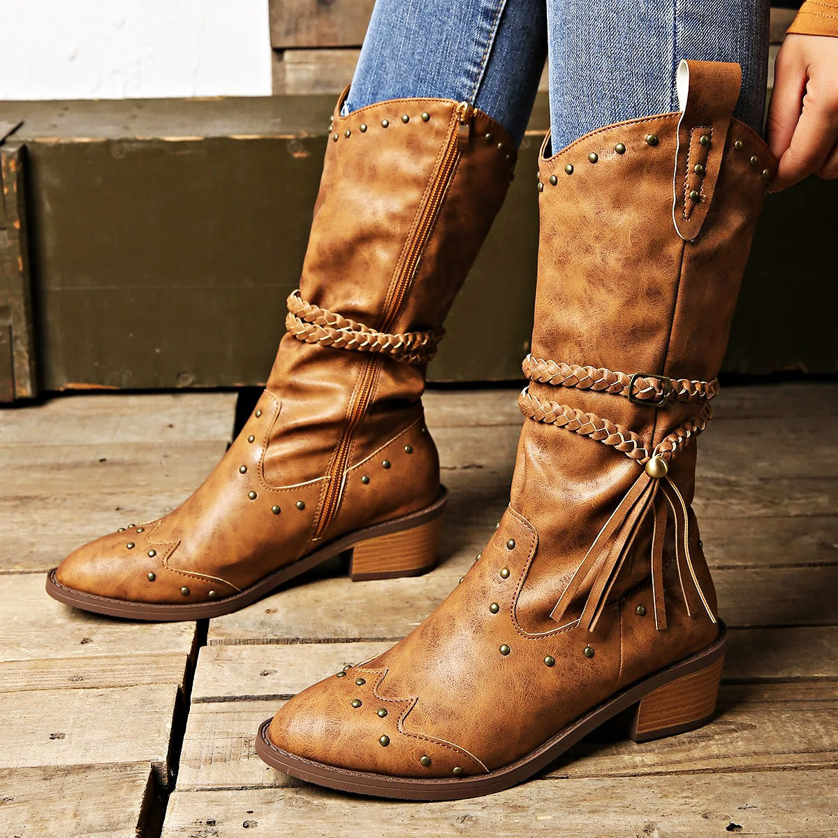 Women’s Western Boots - Faux Leather - Studded - Braided Strap - Pointed Toe