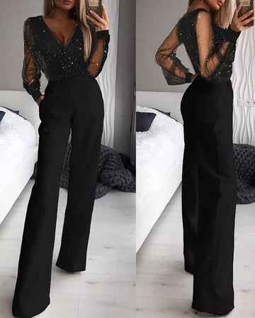 Women's Jumpsuit - Mesh Long Sleeve - V-Neck Sequin Top - High-Waist Wide-Leg